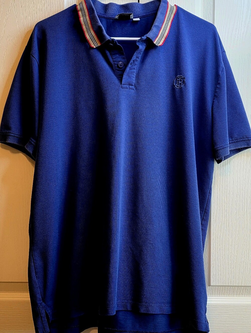 Burberry Men's XL Royal Blue Polo with Red-Trim Contrast Collar And "TB" Logo
